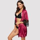 Shein Contrast Lace Robe & Belt & Thong