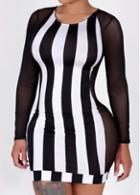Rosewe Vertical Stripe Print Long Sleeve Bodycon Dress