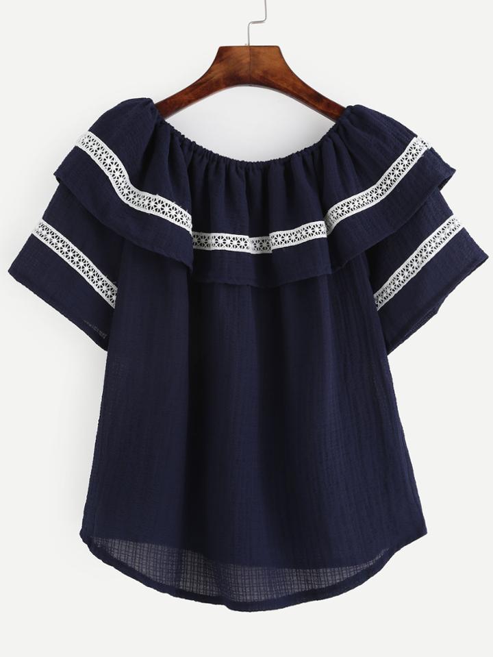 Shein Navy Boat Neck Hollow Out Ruffle Blouse