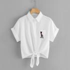 Shein Cat Embroidered Knot Front Shirt