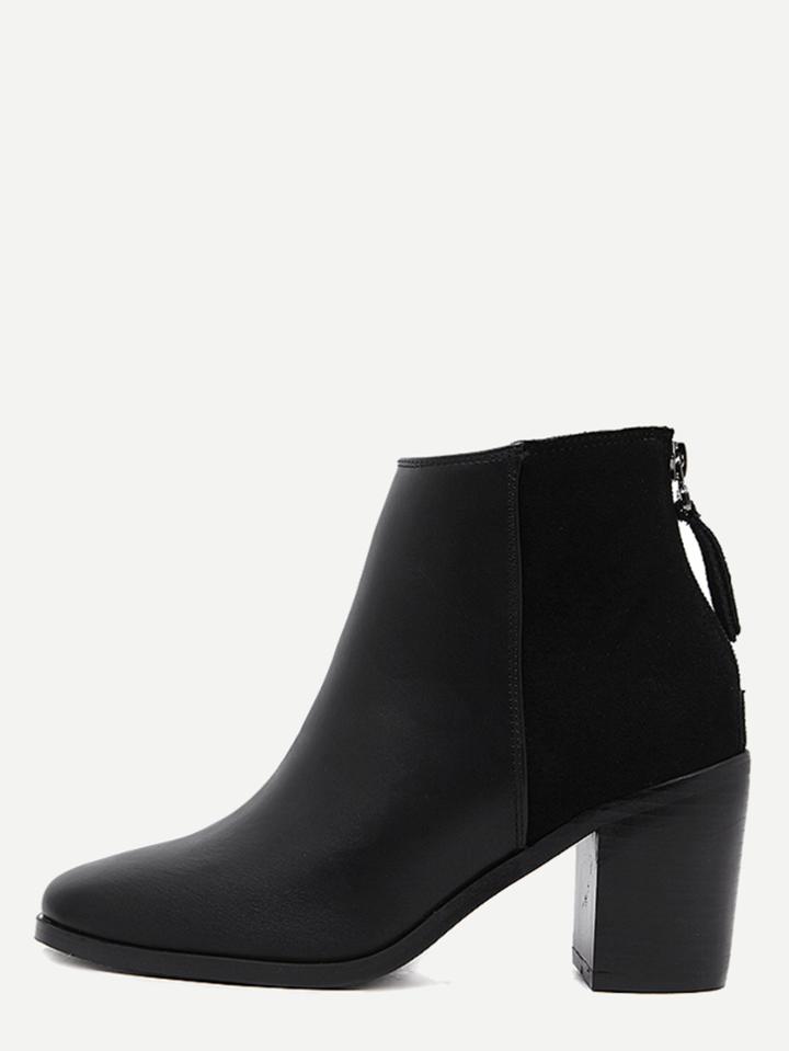 Shein Black Pu Square Toe Back Zipper Chunky Ankle Boots