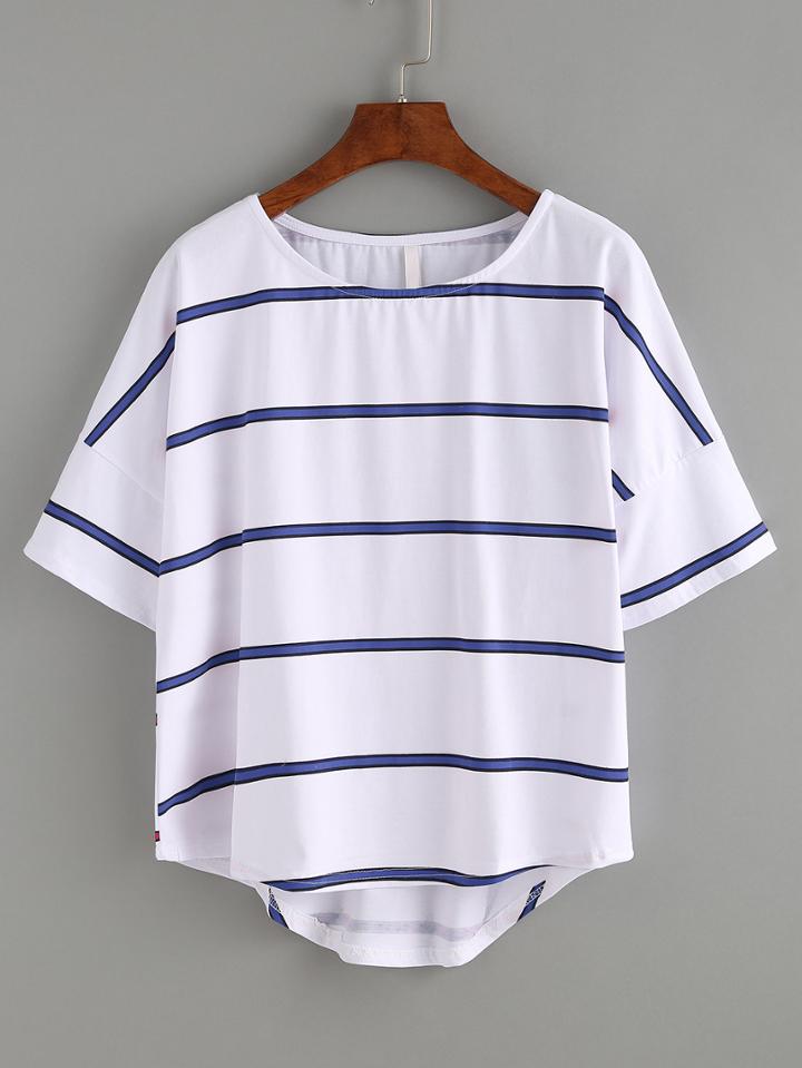 Shein Blue Striped Drop Shoulder High-low T-shirt