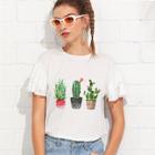 Shein Layered Butterfly Sleeve Cactus Print Tee