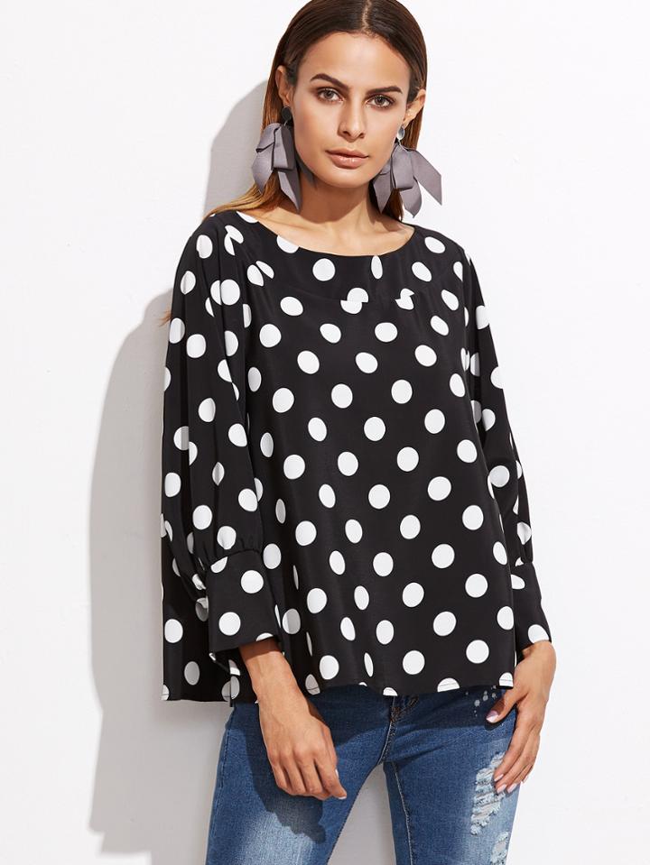 Shein Black Polka Dot Print Cuffed Sleeve Oversized Top