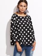 Shein Black Polka Dot Print Cuffed Sleeve Oversized Top