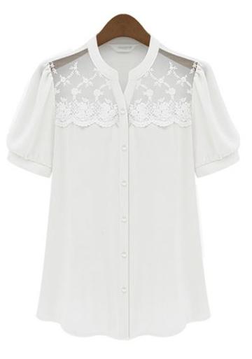 Shein White Short Sleeve Insert Scallop Lace Chiffon Blouse