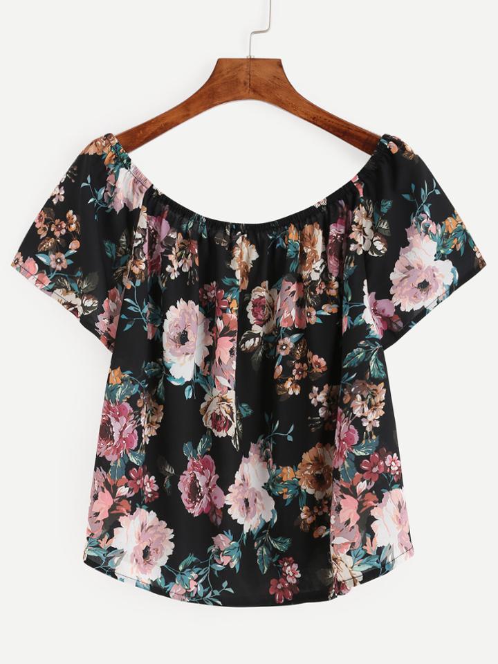 Shein Black Flower Print Chiffon Top