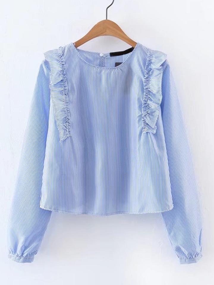Shein Pinstripe Ruffle Trim Blouse