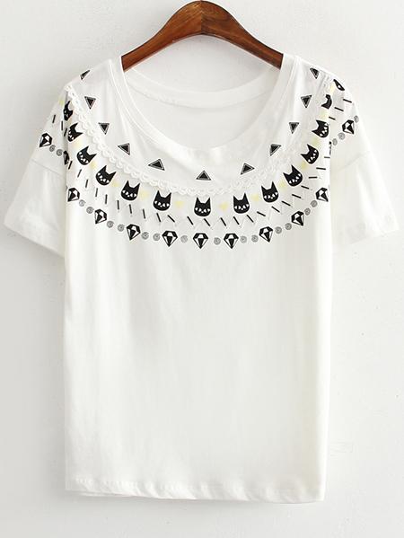 Shein White Short Sleeve Beaded Cats Print T-shirt