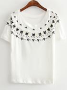 Shein White Short Sleeve Beaded Cats Print T-shirt