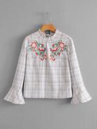 Shein Floral Embroidered Plaid Blouse