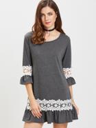 Shein Heather Grey Applique Embellished Ruffle Hem Dress