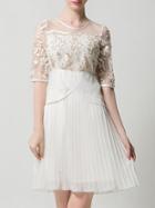 Shein White Sheer Gauze Embroidered Pleated Dress