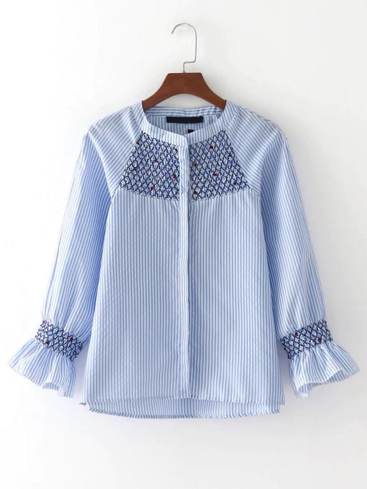 Shein Raglan Sleeve Vertical Striped Embroidered Blouse