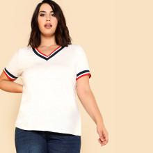 Shein Plus V Neck Striped Trim Tee