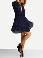 Shein Blue Deep V Neck Lantern Sleeve Ruffle Lace Up Dress