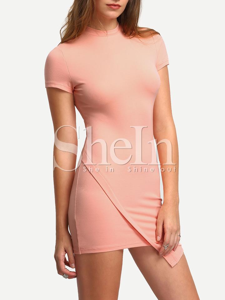 Shein Pink High Neck Wrap Front Bodycon Dress