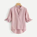 Shein Pearl Beading Split Sleeve Knot Detail Blouse