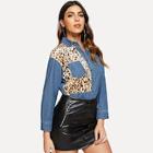 Shein Contrast Leopard Pocket Detail Denim Shirt
