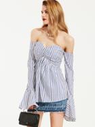 Shein Bardot Flute Sleeve Shirred Front Stripe Top
