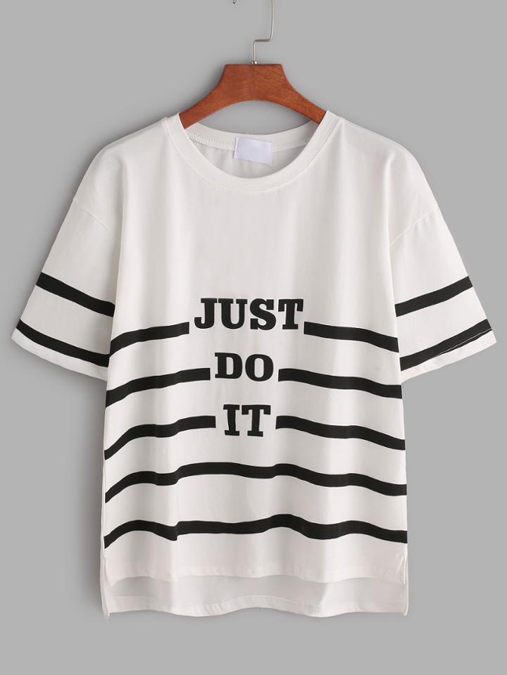 Shein White Slogan Print Slit Side High Low T-shirt