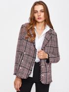 Shein Frayed Trim Pearl Button Tweed Blazer