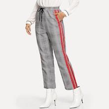 Shein Drawstring Waist Contrast Tape Side Plaid Pants