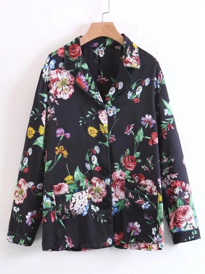 Shein Flower Print Contrast Piping Pyjama Blouse
