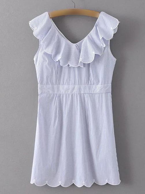 Shein Blue Sleeveless V Neck Stripe Scallop Dress