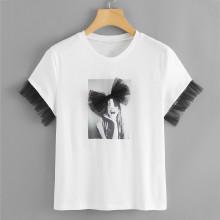 Shein Mesh Bow And Cuff Portrait Tee