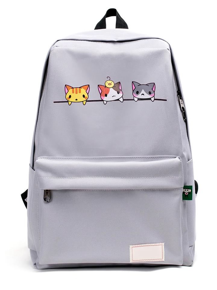 Shein Cat Print Pocket Front Canvas Backpack