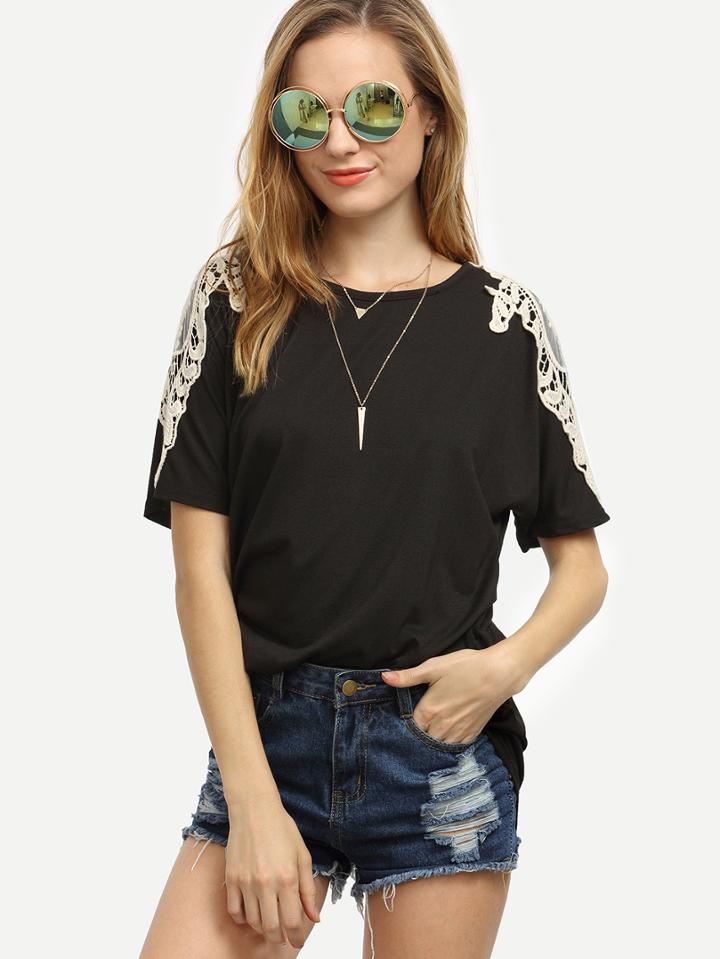 Shein Black Crochet Applique T-shirt