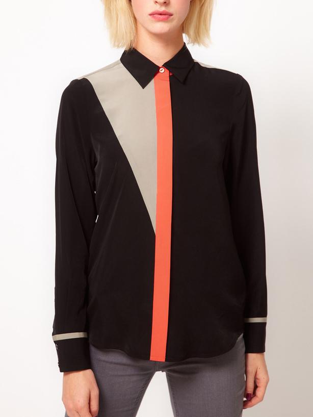 Shein Color-block Lapel Buttons Chiffon Blouse