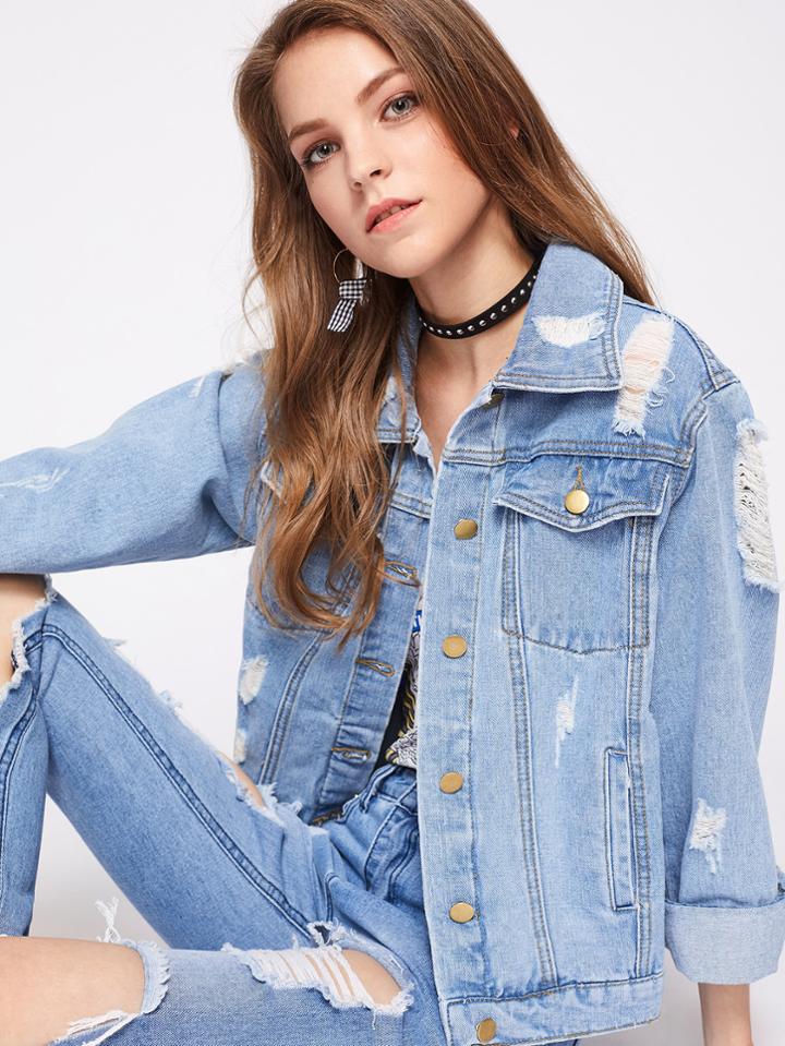 Shein Faded Wash Shredded Denim Jacket