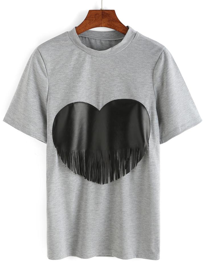 Shein Grey Contrast Heart Fringe T-shirt