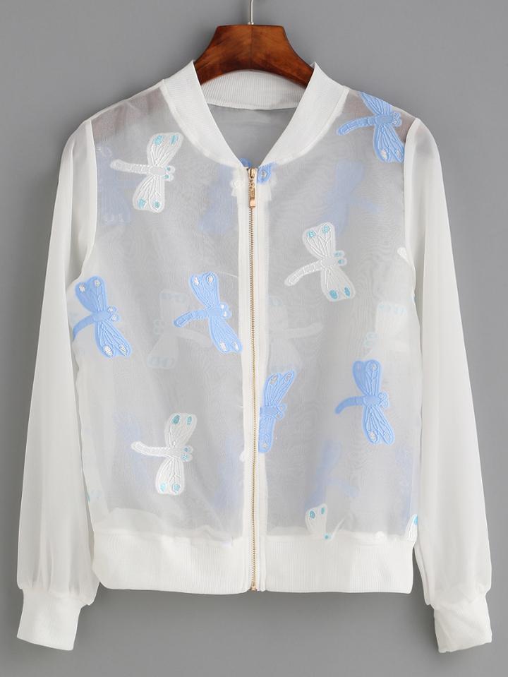 Shein White Dragonfly Embroidered Organza Bomber Jacket