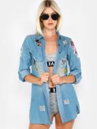 Shein Distressed Patches Button Up Jacket Denim