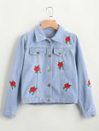 Shein Embroidered Single Breasted Chest Pockets Denim Jacket