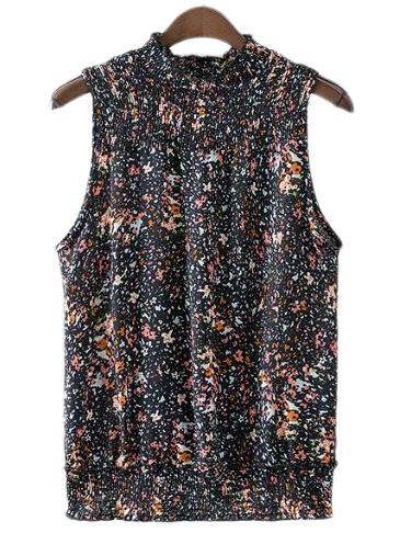 Shein Multicolor Ruffle Neck Buttons Back Sleeveless Print Blouse