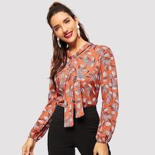 Shein Knot Neck Plants Print Blouse