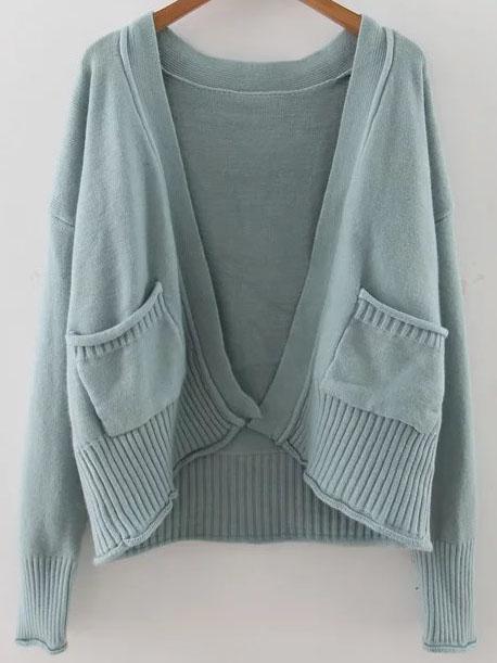 Shein Blue Ribbed Trim Drop Shoulder Cardigan With Pockets