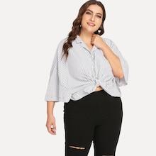 Shein Plus Button Front Notched Neck Striped Top