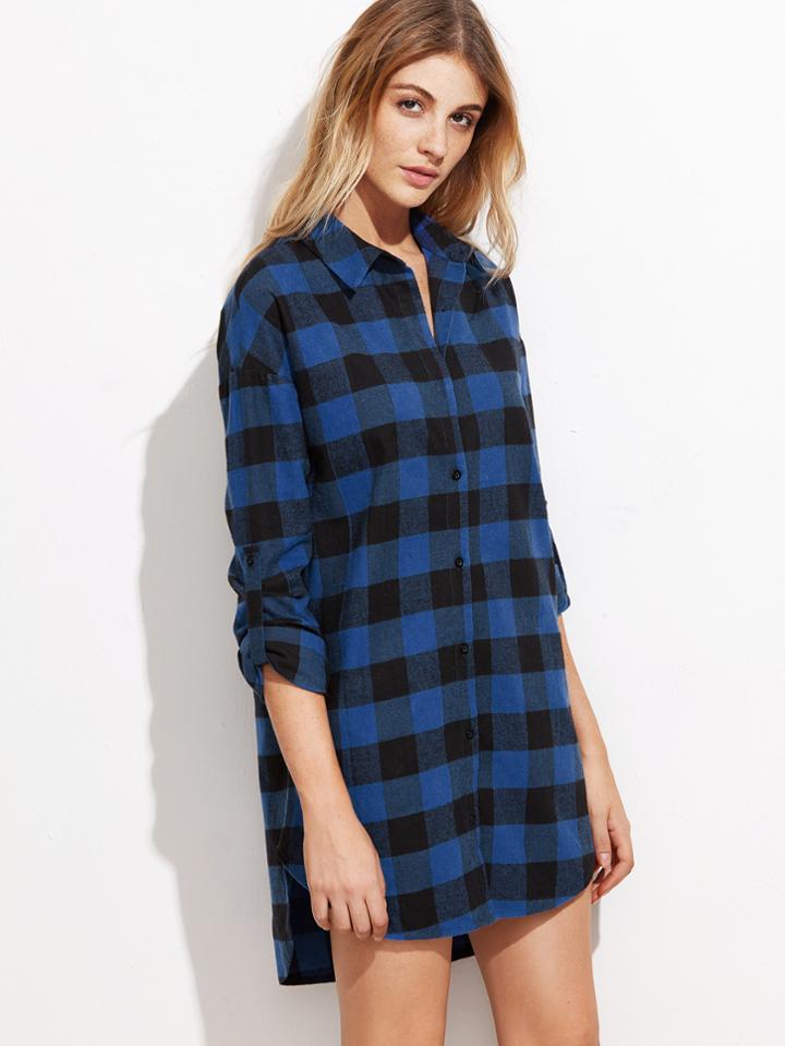 Shein Blue Checkered Roll Sleeve High Low Shirt Dress