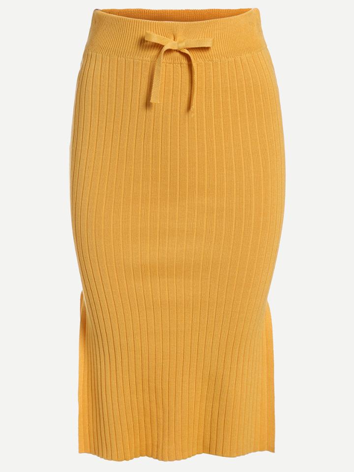 Shein Yellow Drawstring Waist Slit Ribbed Knit Pencil Skirt