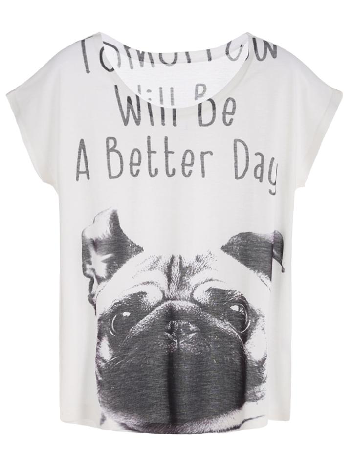 Shein White Slogan And Dog Print Dolman Sleeve T-shirt