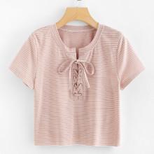 Shein Pinstripe Print Lace Up Front Crop Top