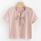 Shein Pinstripe Print Lace Up Front Crop Top