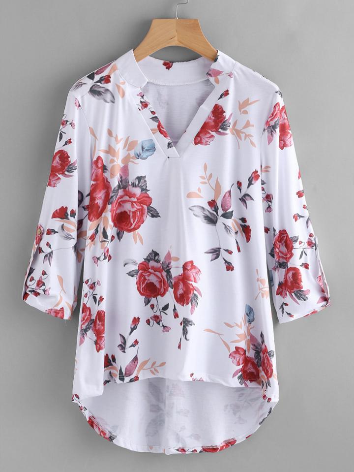 Shein Random Florals Dip Hem Tee