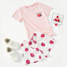 Shein Girls Strawberry Print Top & Shorts Set