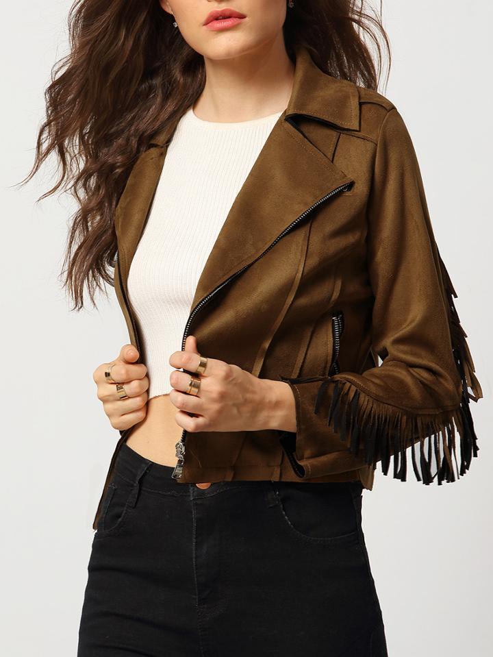 Shein Khaki Lapel Tassel Zipper Crop Jacket
